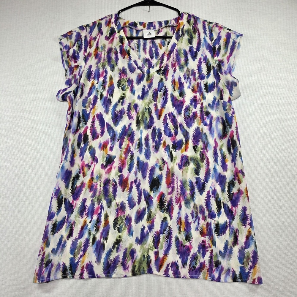 Cabi Multicolor Abstract Feather Print Short Sleeve Blouse Top M Boho Bright